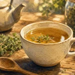 Bienfait du thym en tisane : tasse ambrée au thym, apaiser la toux et la gorge