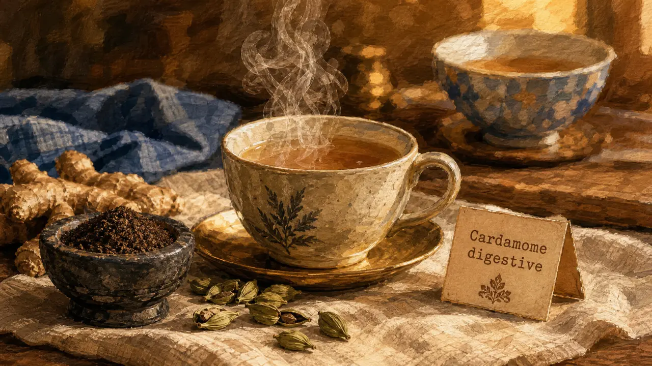 Cardamome bienfait digestion : tasse, gousses, gingembre