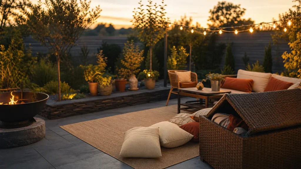Déco jardin extérieur : terrasse lumineuse golden hour