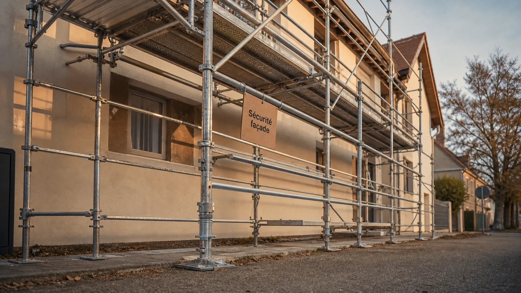 Echafaudage fixe en acier avec ancrages et garde-corps pour sécurité façade