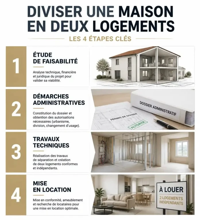 Schéma des étapes pour transformer une maison divisée en 2 logements