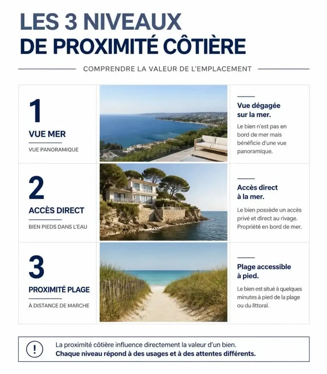 Schéma illustrant les différents types de maisons en bord de mer en Bretagne : vue mer, accès direct et proximité plage.