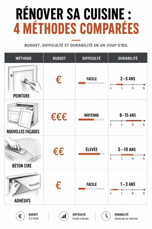 Tableau comparatif des solutions pour rénover sa cuisine sans changer les meubles