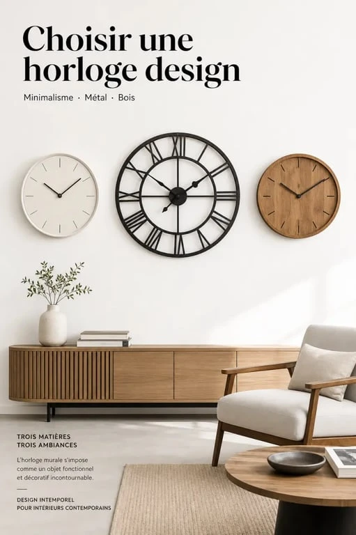 Horloges design murales dans un intérieur contemporain, avec styles minimaliste, industriel et bois
