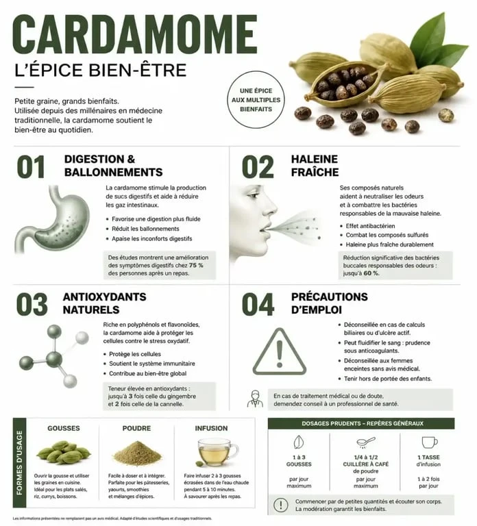 Infographie sur la cardamome bienfait : digestion, haleine, antioxydants, dosages et précautions