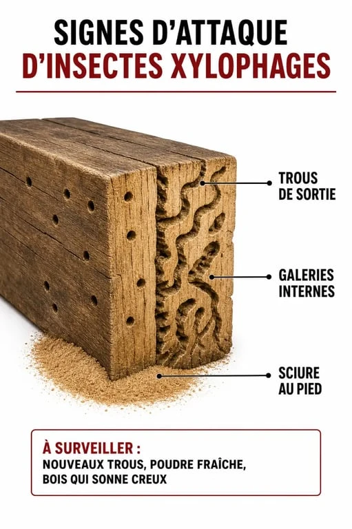 Infographie des signes d'attaque de charpente bois par des insectes xylophages pour le traitement charpente bois