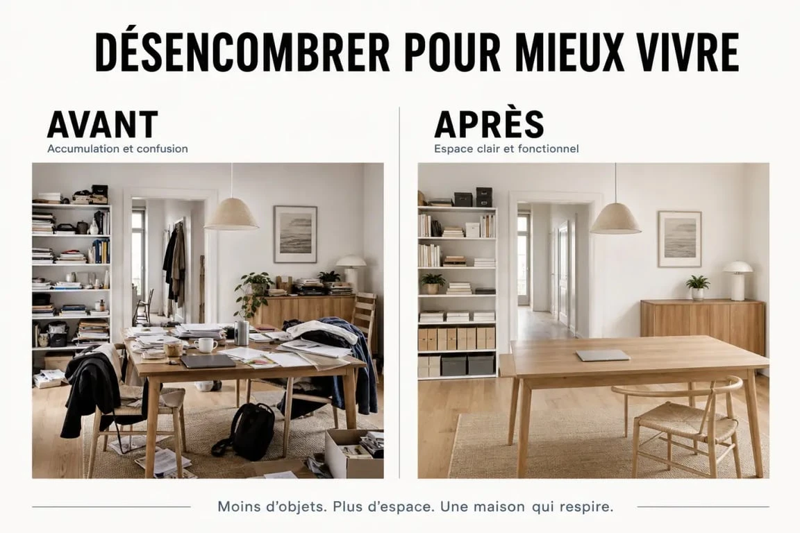 Désencombrer sa maison avant apres : comparaison visuelle d’une pièce encombrée puis rangée