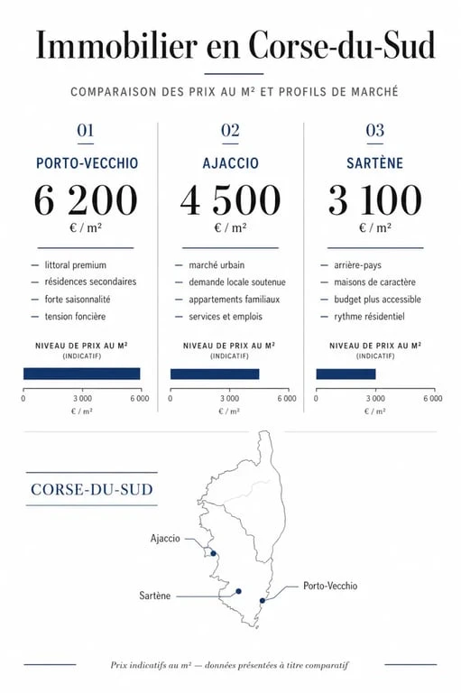 Infographie comparative des prix et secteurs pour l'achat d'une maison à vendre en Corse du Sud