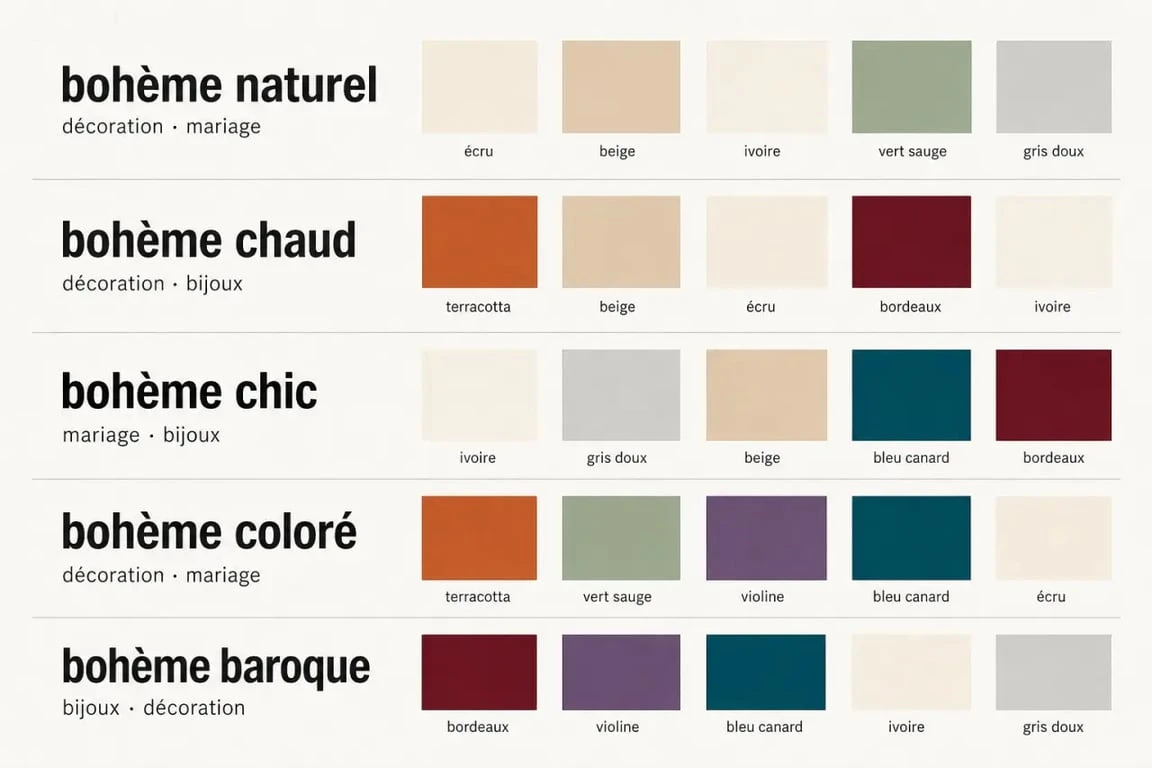 Palette couleur boheme avec cinq ambiances : naturel, chaud, chic, coloré et baroque