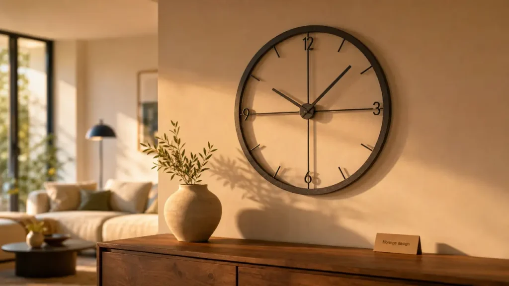 Horloges design grand diamètre, cadre métal noir, intérieur contemporain silencieux