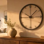 Horloges design grand diamètre, cadre métal noir, intérieur contemporain silencieux