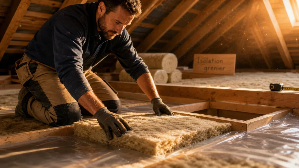 Isolation du grenier : artisan pose l’isolation sur le plancher entre les solives
