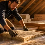 Isolation du grenier : artisan pose l’isolation sur le plancher entre les solives