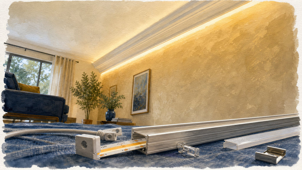 LED pour corniche : ruban COB 24V dans moulure, lumière indirecte