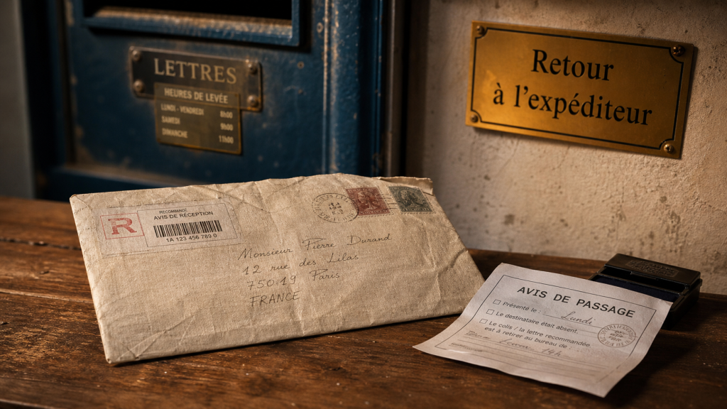 Lettre recommandée retournée à l'expéditeur : enveloppe et avis de passage