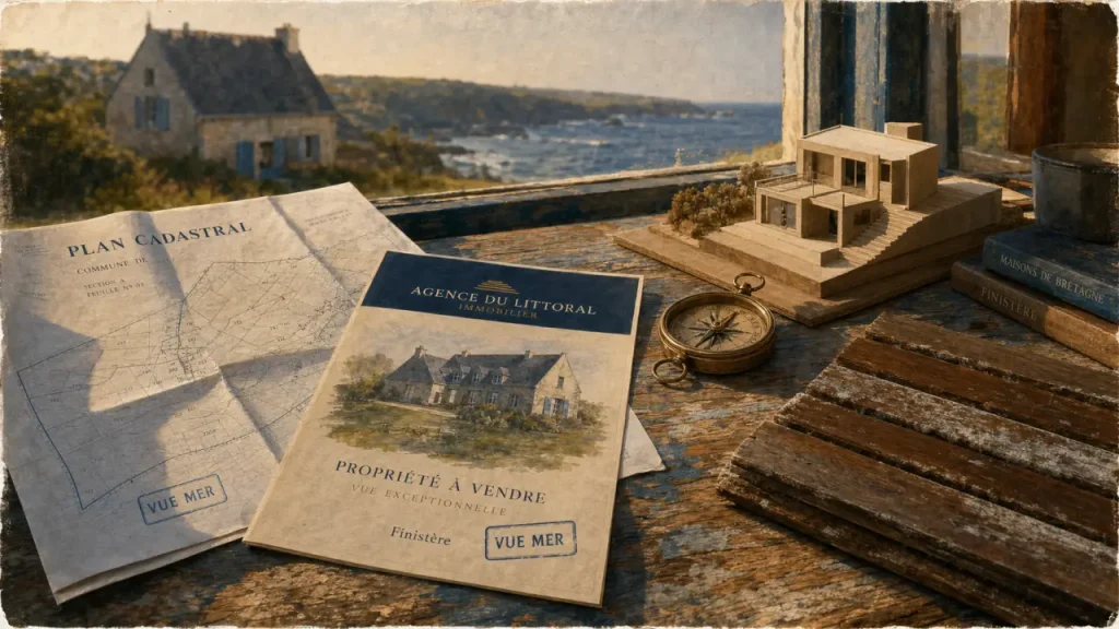 Maison en bord de mer en Bretagne : plan cadastral, vue mer, boussole