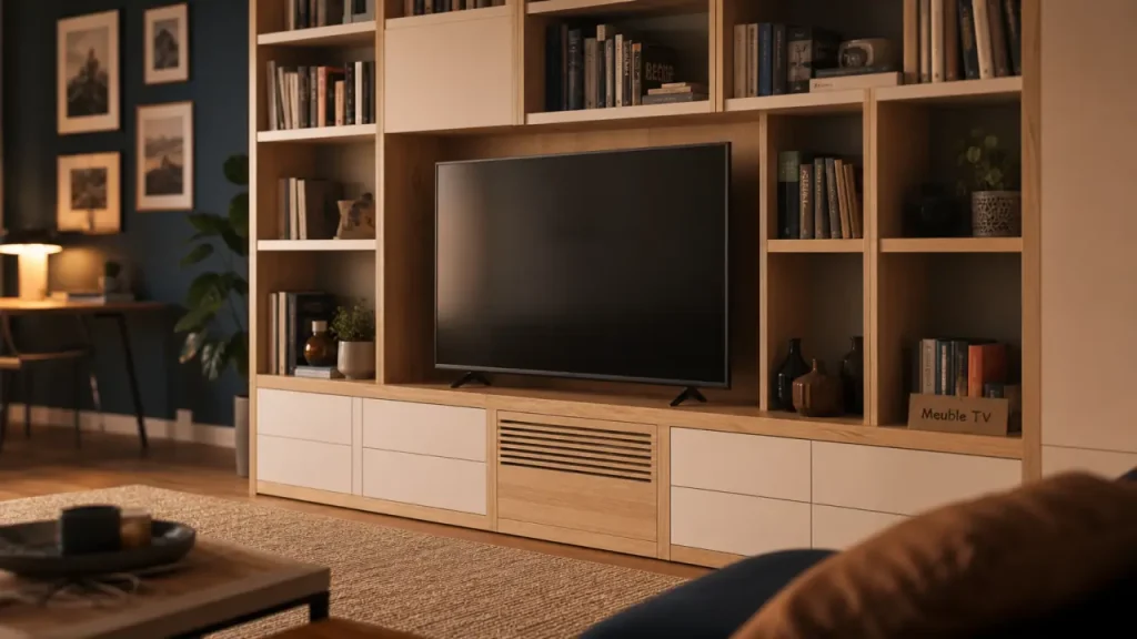Meuble bibliothèque TV : largeur 140 cm, rangements et fixation à vérifier