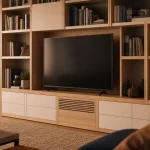 Meuble bibliothèque tv 140 cm en chêne, rangements et fixation