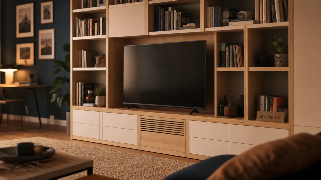 Meuble bibliothèque tv 140 cm en chêne, rangements et fixation