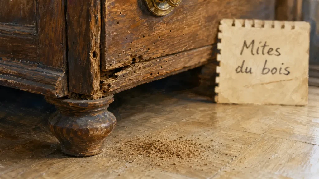 Mites bois meuble : petits trous et vermoulure sur commode en bois