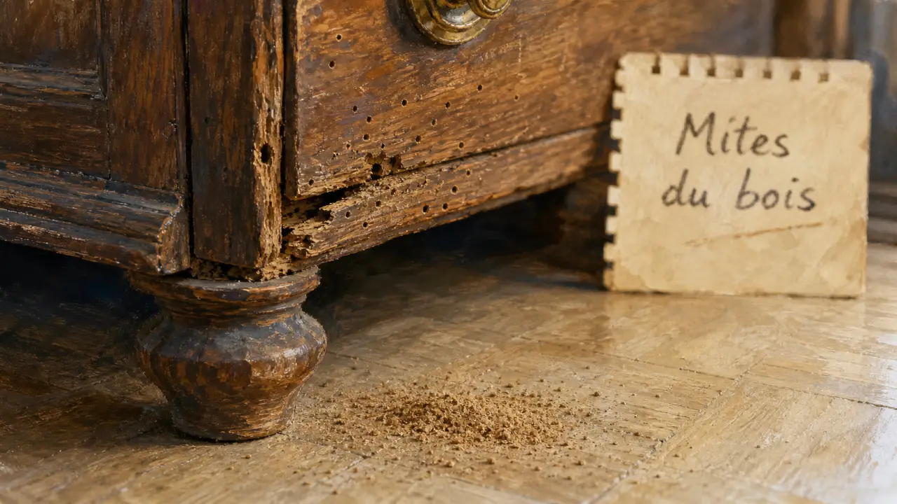 Mites bois meuble : petits trous et vermoulure sur commode en bois