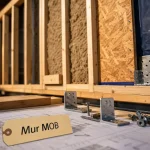 Mur à ossature bois en montage, OSB, laine de bois et pare-pluie