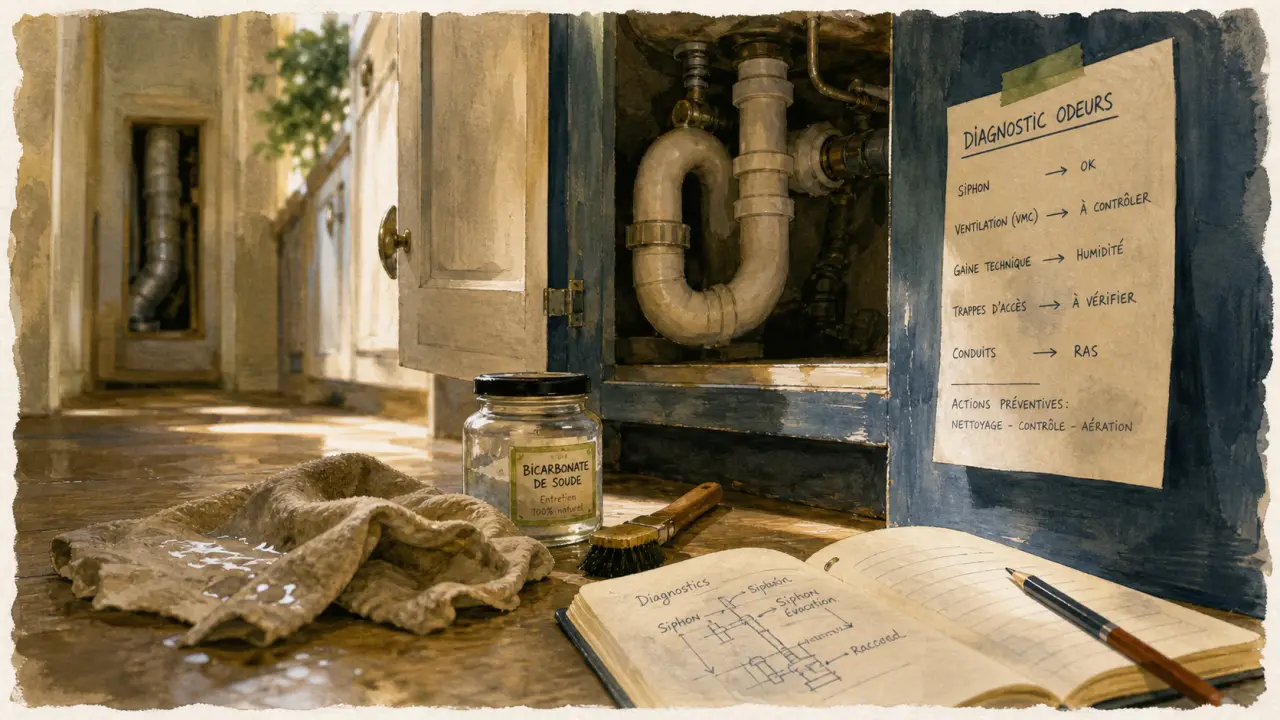 Odeur maison introuvable : siphon d’évier, traces moisi et bouche VMC visibles