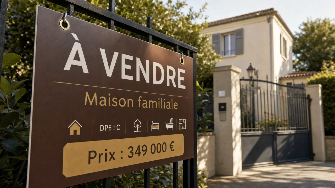 Panneau immobilier À vendre : prix et mentions obligatoires visibles