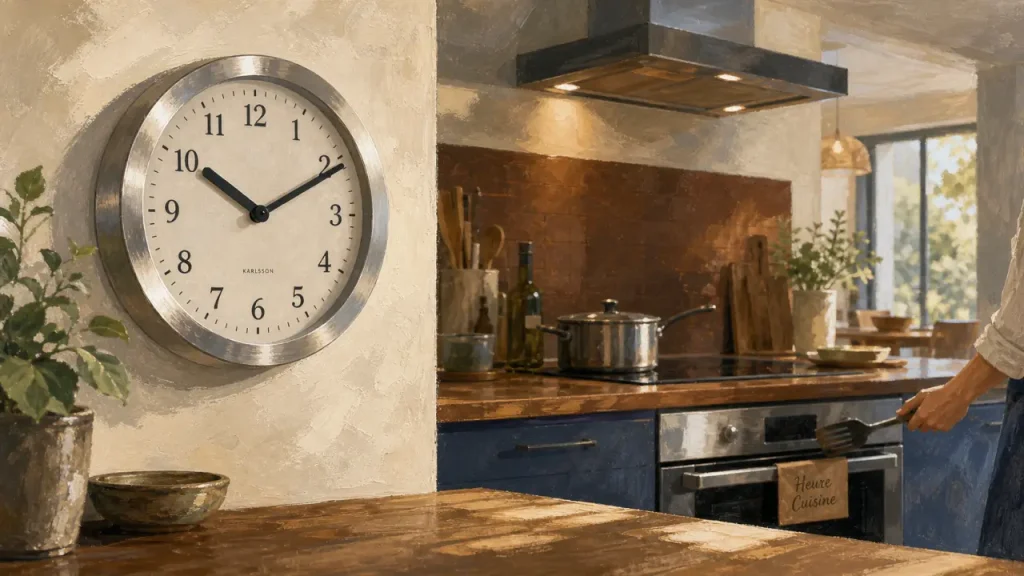 Pendule pour cuisine en acier brossé, lisible et décorative