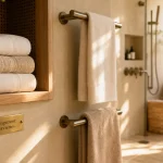 Rangement serviette mural compact et déco dans une salle de bain lumineuse