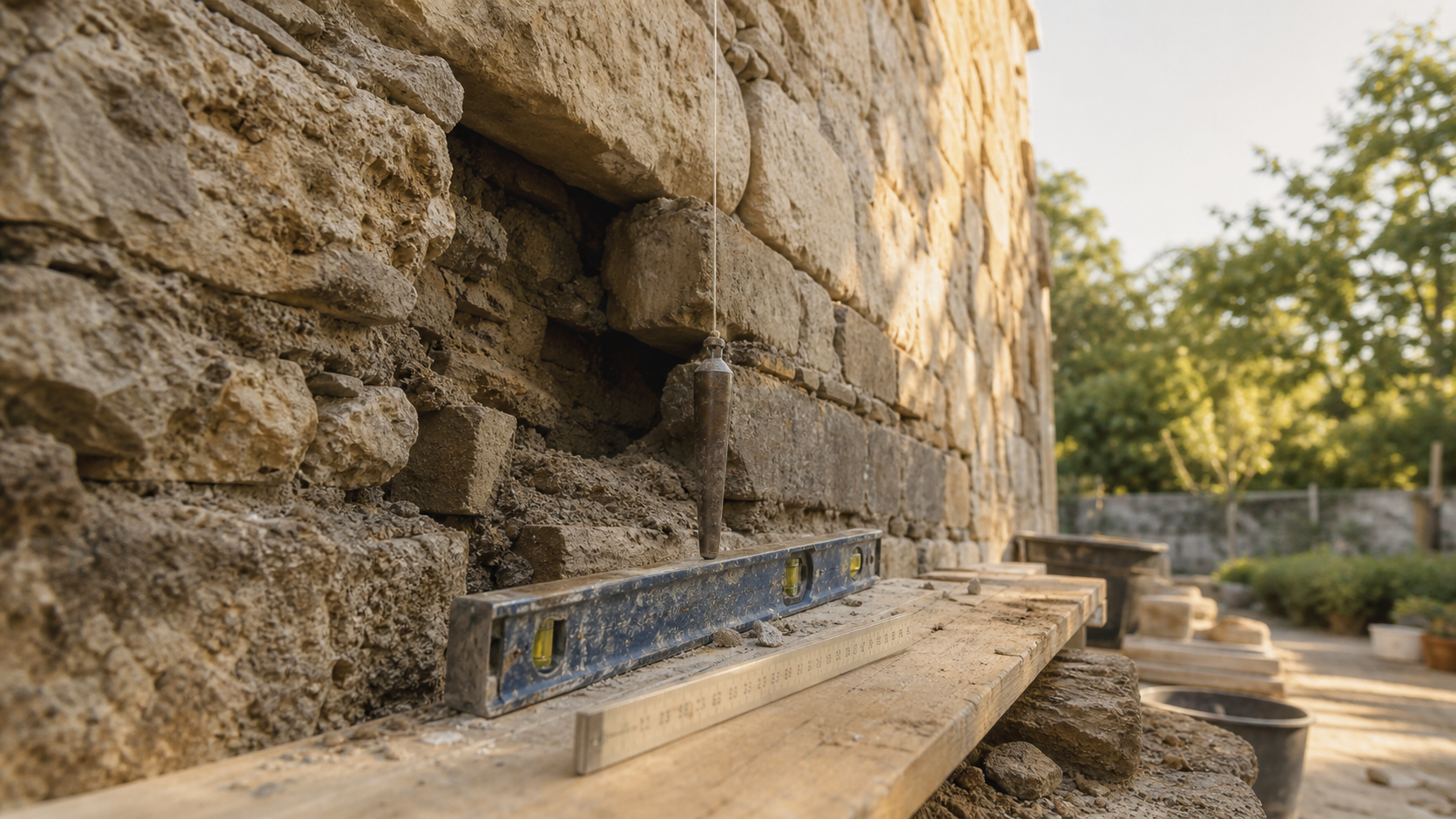 Renforcer un mur en pierre qui penche : niveau, fil à plomb, drainage