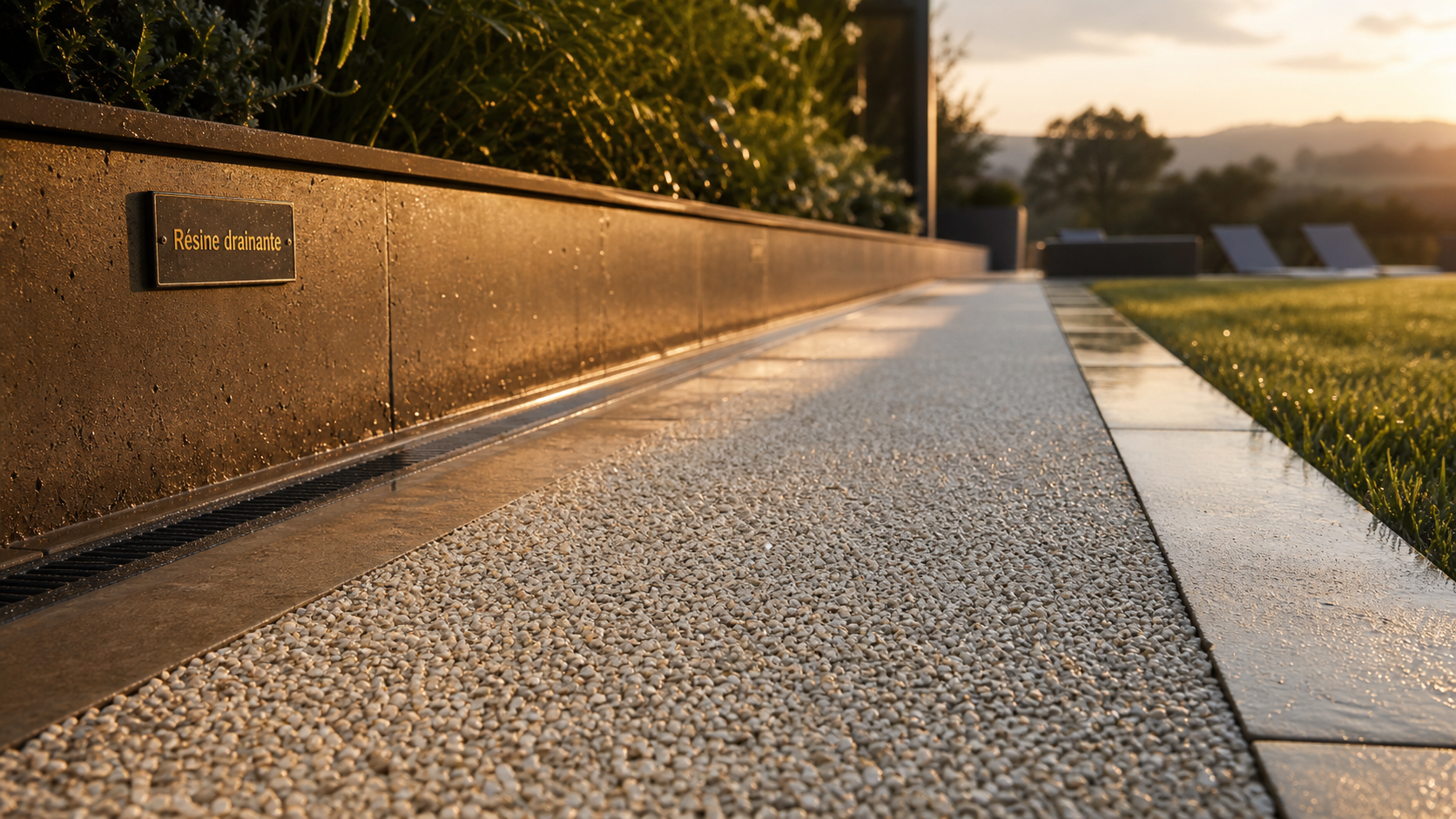 Résine drainante sur terrasse, écoulement après pluie, 50 L/s/m²