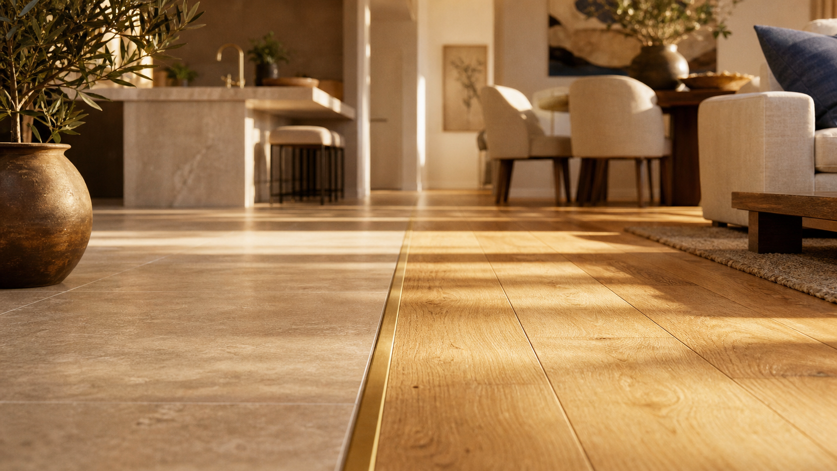 Jonction salon parquet et cuisine carrelage, profilé laiton discret