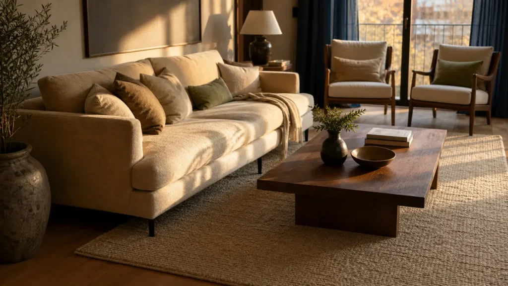 Sous le canapé, devant ou en zone flottante : où placer un tapis dans le salon ?