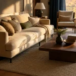 Tapis dans salon beige sous le canapé, placement idéal