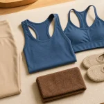 Tenue pour pilates : legging beige et haut bleu au studio de Pilates