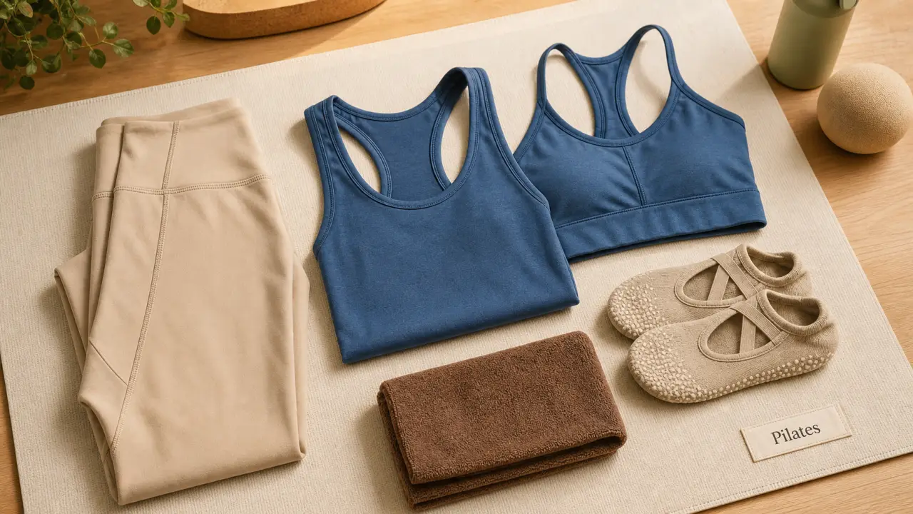 Tenue pour pilates : legging beige et haut bleu au studio de Pilates
