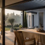 Terrasse couverte maison avec pergola légère moderne et toit à lames orientables