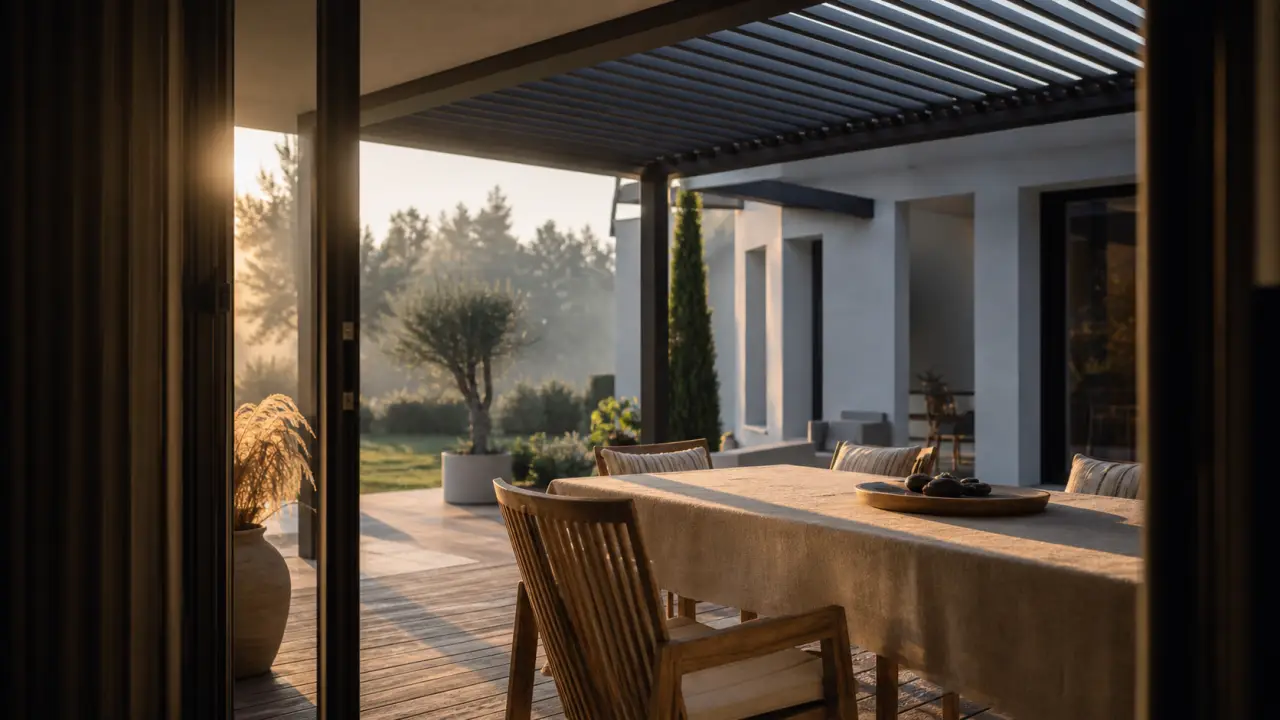 Terrasse couverte maison avec pergola légère moderne et toit à lames orientables