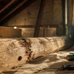 Traitement charpente bois : traces vermoulure et trou sur poutre en bois en combles