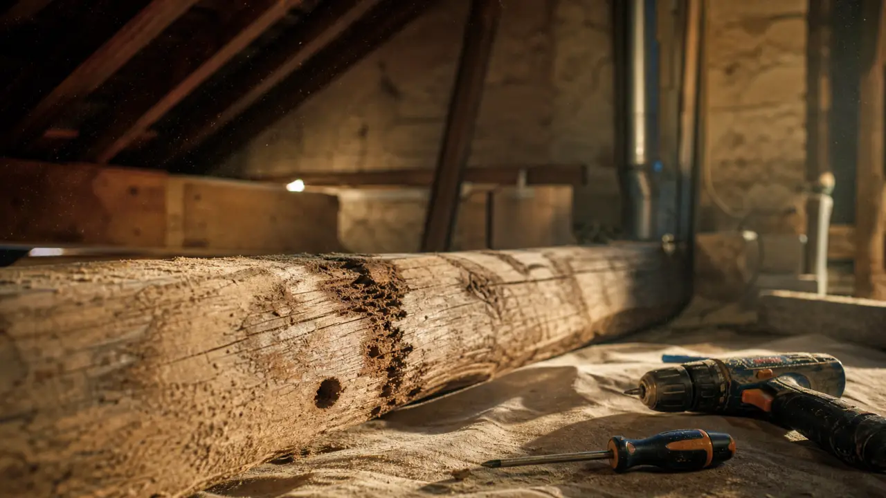 Traitement charpente bois : traces vermoulure et trou sur poutre en bois en combles