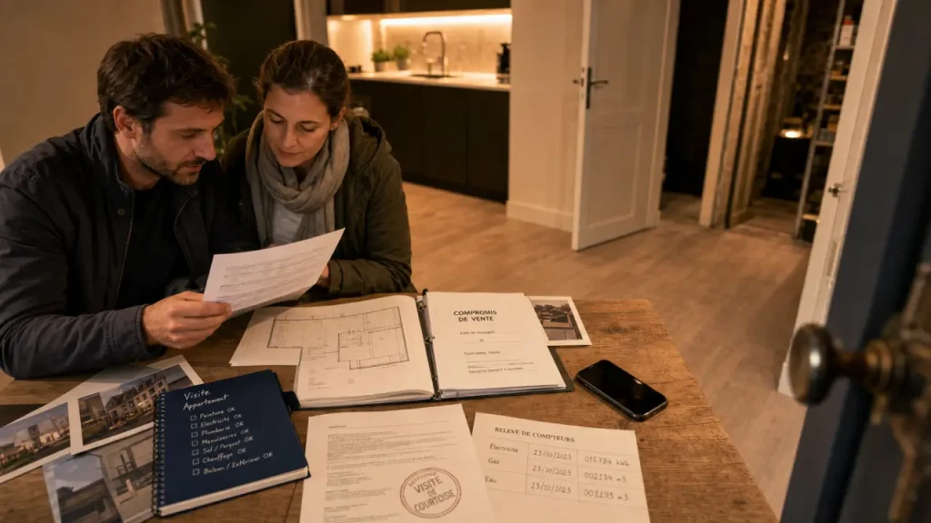 Visite avant signature notaire : couple vérifie une checklist 24 h avant la vente