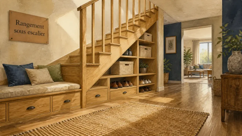 Aménagement sous escalier ouvert : rangement, bureau, coin lecture ou alcôve sans alourdir la pièce