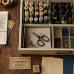 Armoire rangement loisirs créatifs avec étagères peu profondes, bobines et accessoires triés