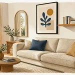 Décorer mur blanc : cadres, miroir doré et étagère flottante