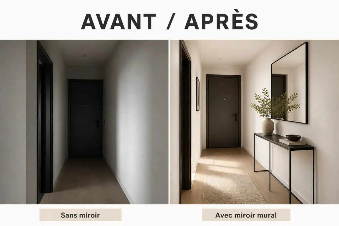 Avant/après d’un miroir entree dans un petit vestibule sombre transformé en espace plus lumineux et profond
