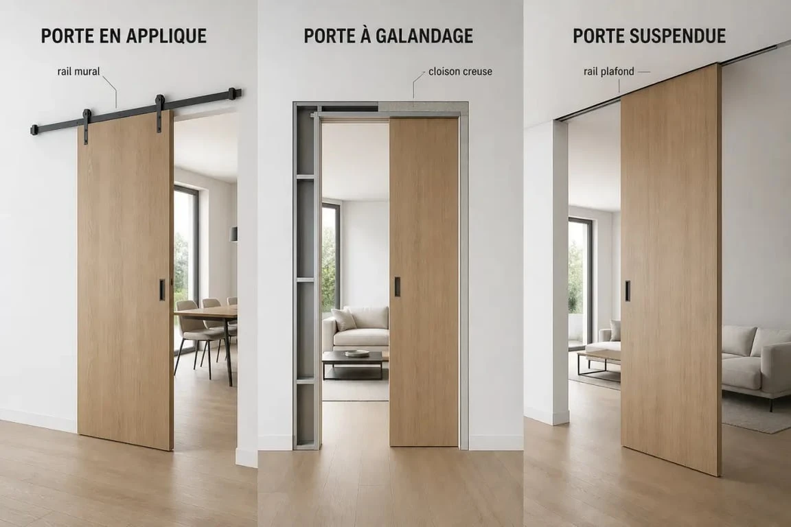 Porte coulissante separation de piece : comparaison visuelle des systèmes applique, galandage et suspendue