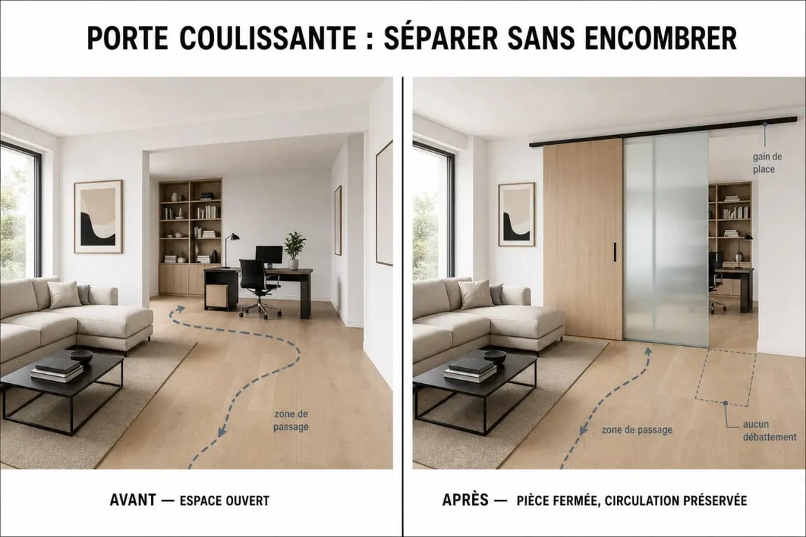 Porte coulissante separation de piece : avant et après dans un intérieur avec gain de place