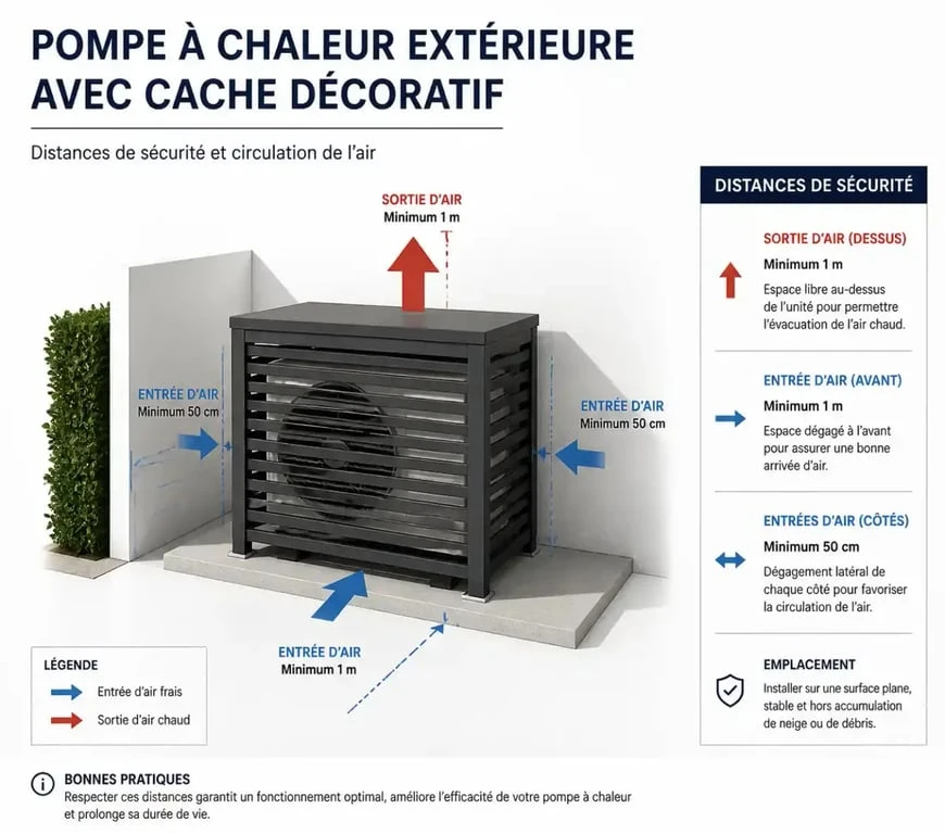 Schéma technique pour cacher une pompe à chaleur tout en assurant une bonne circulation d'air