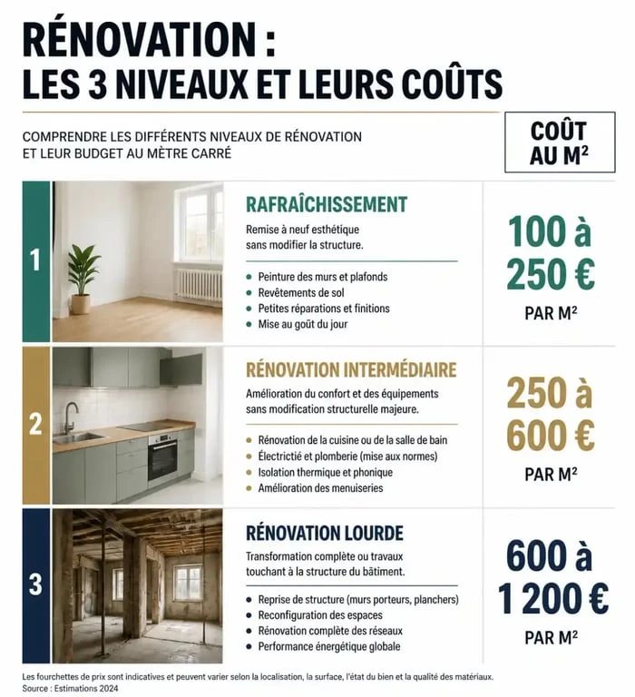 Infographie des coûts de rénovation pour une maison de 150m2 selon le type de travaux